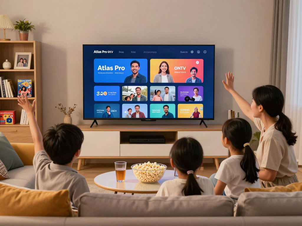 Famille profitant d'un moment de divertissement avec Atlas Pro ONTV sur leur télévision intelligente.
