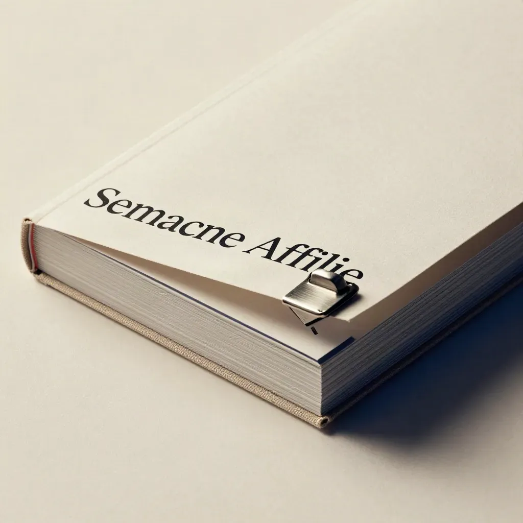 Guide SEO en lin avec clip métal et index, suspendu sur fond crème.