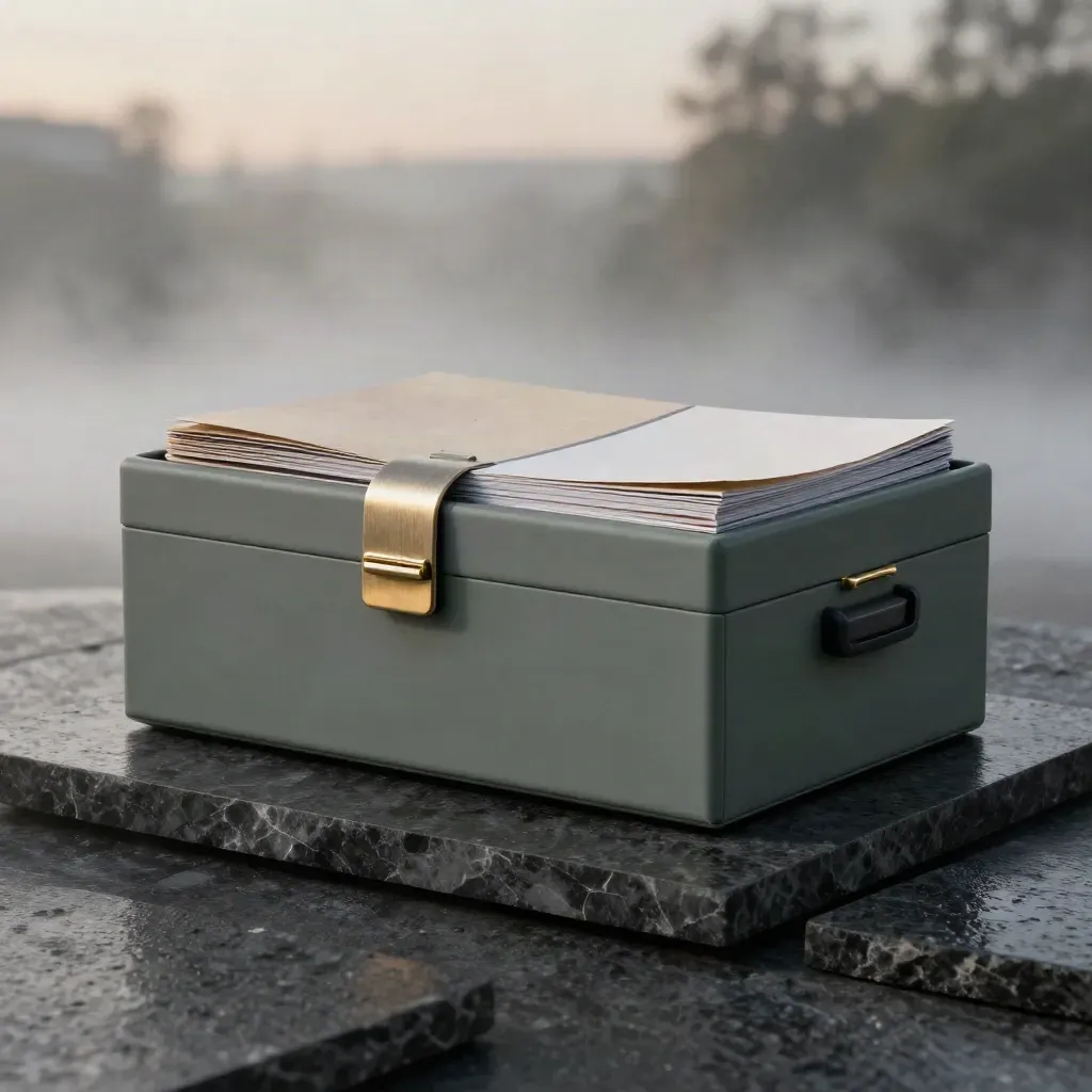 Boîte éditoriale sombre avec booklet, onglets, pince métal et poids en pierre sur dalle mouillée.