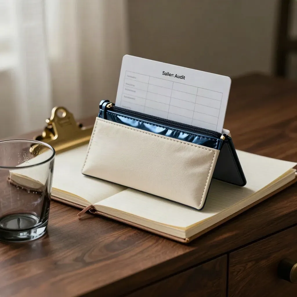 Pochette de suivi glossy, carnet en lin, verre fumé et pince en laiton sur un bahut en noyer.