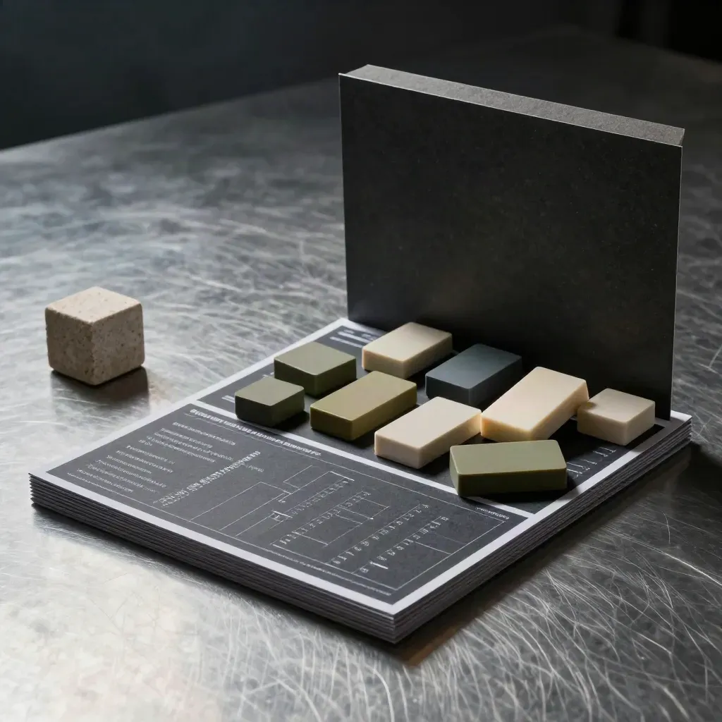 Deck de tableau de bord affilié en carton charbon, cube de pierre et pastilles colorées sur table acier.
