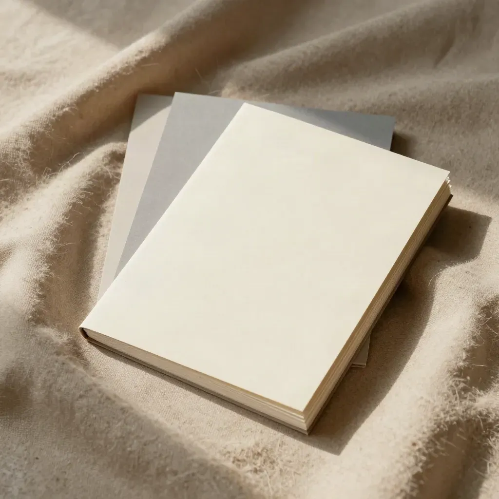 Flatlay d’un annuaire à onglets dans un tissu sable, sur fond pierre claire.