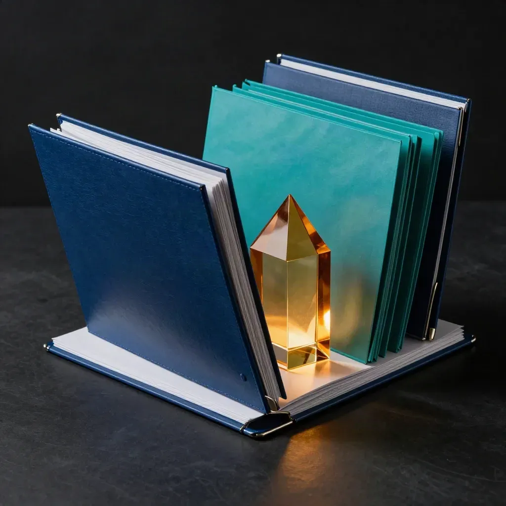Pack croissance affiliés en dossiers bleu et teal, binder métal et verre ambré sur fond noir.
