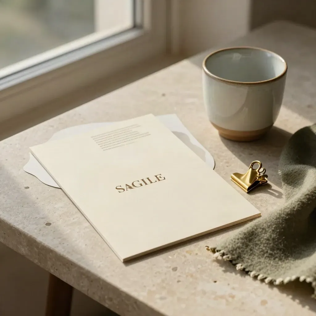 Pack rigide avec tasse en céramique, pince en laiton et échantillon de laine sur pierre claire.