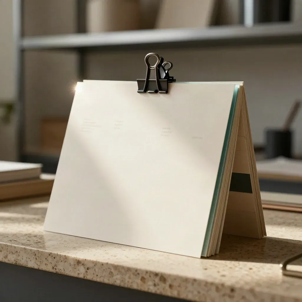 Dossier papierboard de trafic payant avec cartes imbriquées, clip sombre et blocs neutres, lumière studio.