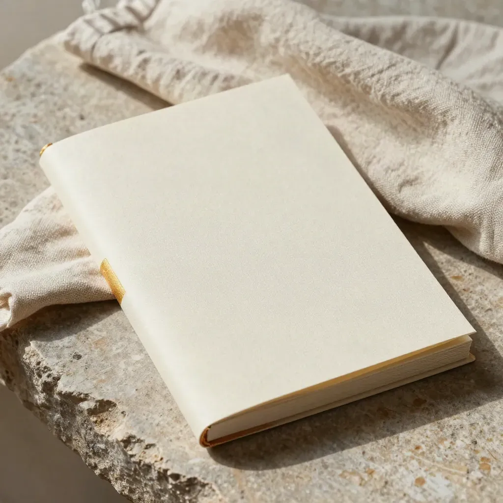 Gros plan d’un livret texturé adossé à une pierre, avec bande claire et tissu plié.
