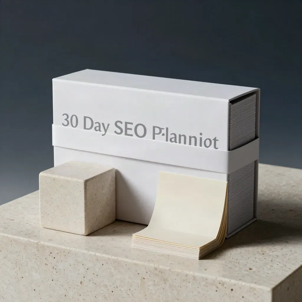 Kit SEO 30 jours avec boîte rigide, cartes à onglets, cube de pierre et lueur bleutée.