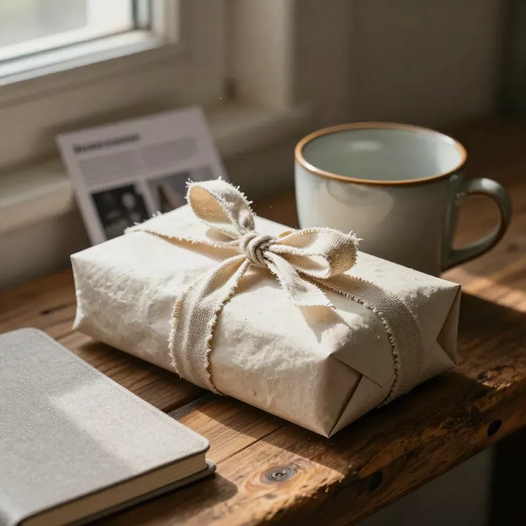 Kit d’affiliation créateurs, tasse en céramique et carnet neutre sur un banc en bois.