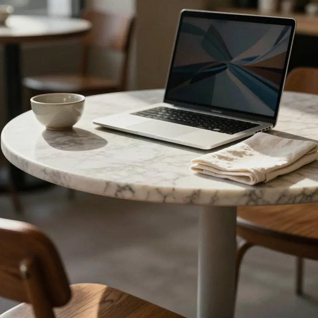Table en marbre éclairée au soleil, chaise en chêne et bol céramique dans un café calme