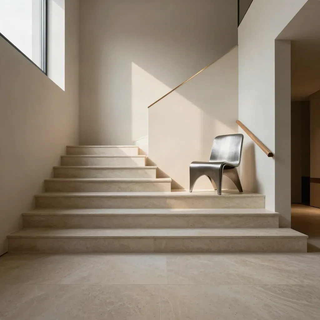 Palier d’escalier en pierre claire, chaise métal brossé et lueur de couloir dorée.